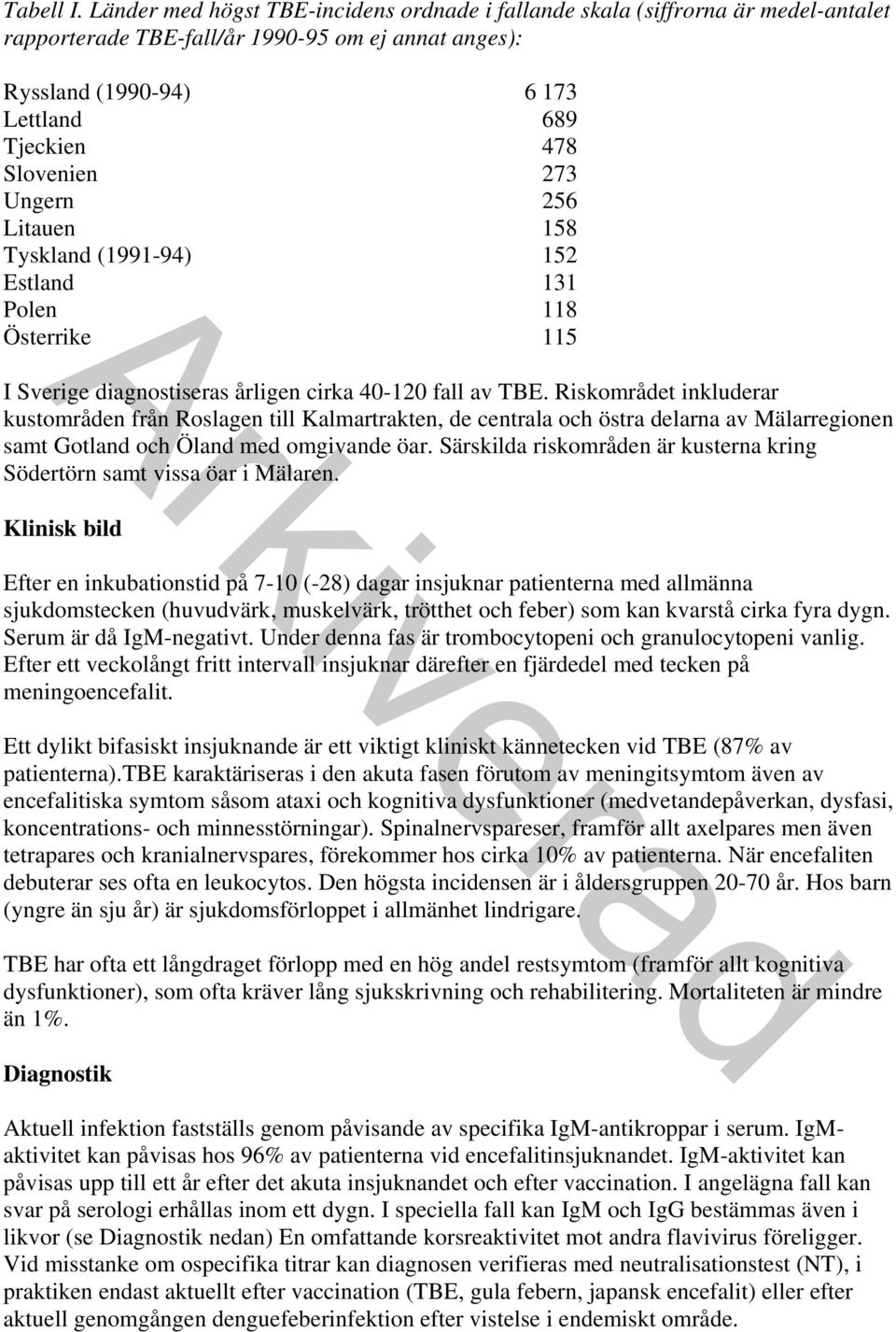 273 Ungern 256 Litauen 158 Tyskland (1991-94) 152 Estland 131 Polen 118 Österrike 115 I Sverige diagnostiseras årligen cirka 40-120 fall av TBE.