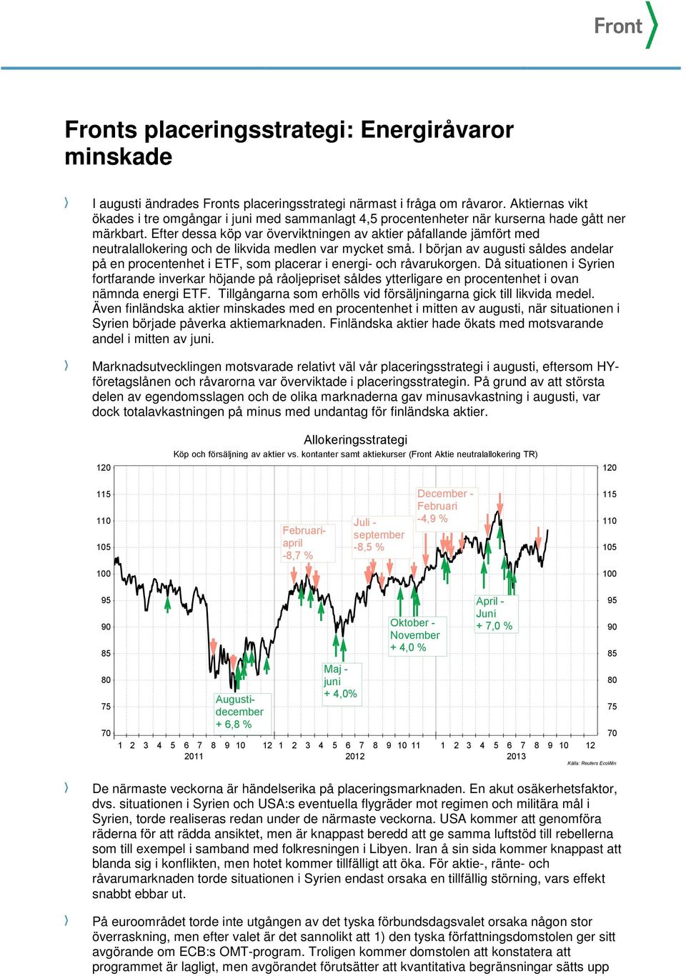 Efter dessa köp var överviktningen av aktier påfallande jämfört med neutralallokering och de likvida medlen var mycket små.