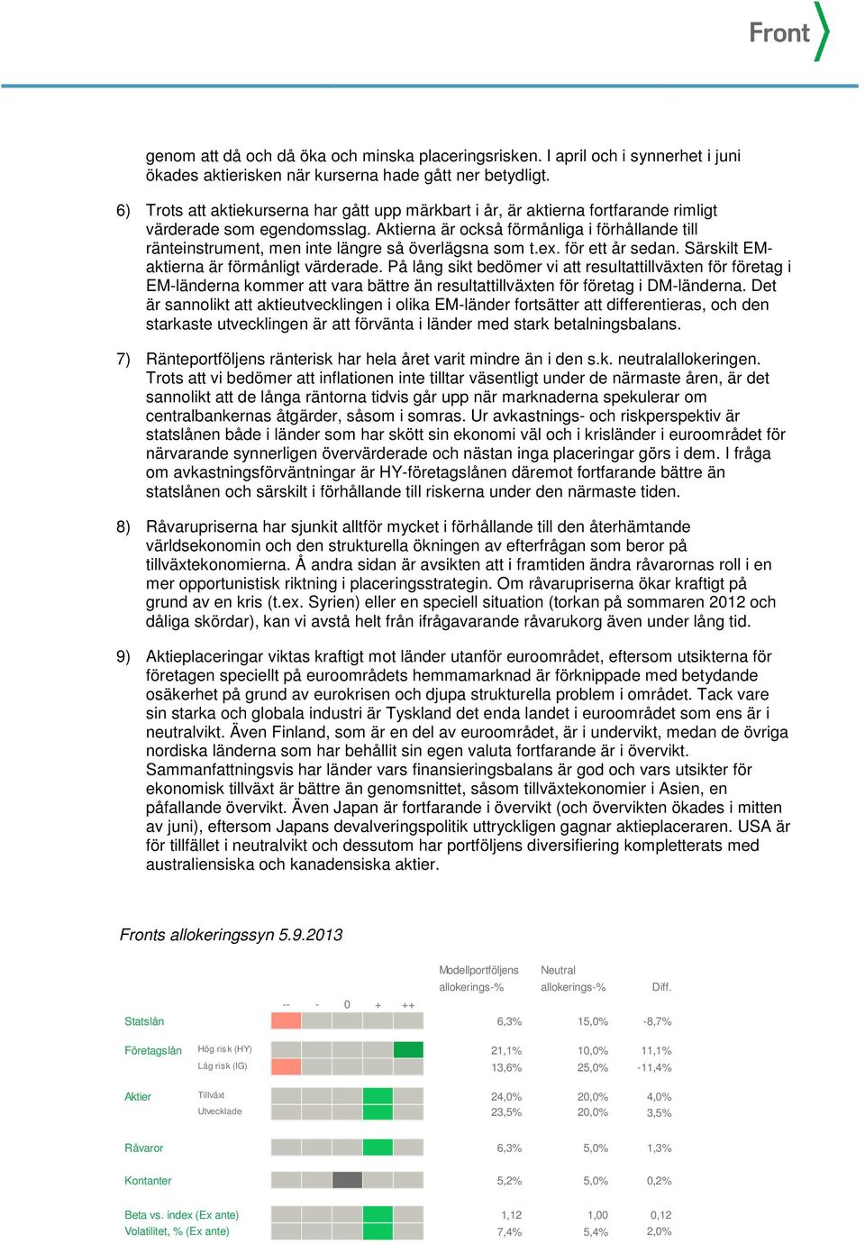 Aktierna är också förmånliga i förhållande till ränteinstrument, men inte längre så överlägsna som t.ex. för ett år sedan. Särskilt EMaktierna är förmånligt värderade.