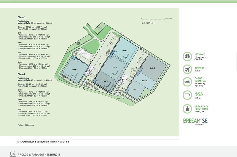 Office ezzanine - 200 sq // 2 152 sq f. Office ground floor - 50 sq // 538 sq f Unit 6 1 2 / 33 / 39 4,6,37 5 24 102 Parking 126 p green area Unit 6. Warehouse - 4 610 sq // 49 621 sq f.