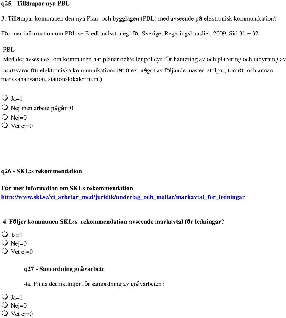 om kommunen har planer och/eller policys för hantering av och placering och uthyrning av insatsvaror för elektroniska kommunikationsnät (t.ex.