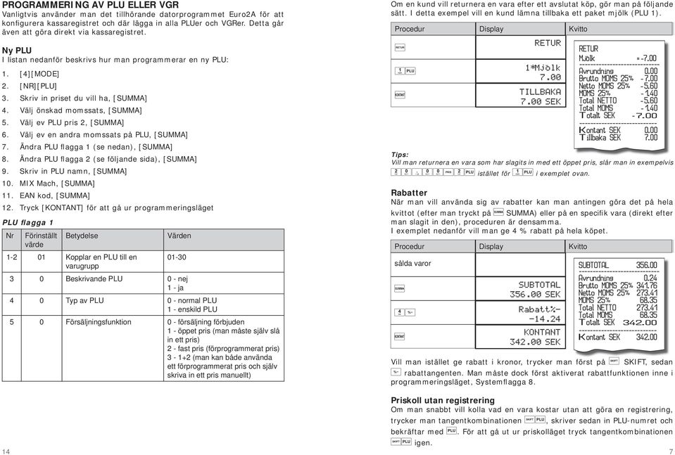 Välj önskad momssats, [SUMMA] 5. Välj ev PLU pris 2, [SUMMA] 6. Välj ev en andra momssats på PLU, [SUMMA] 7. Ändra PLU flagga 1 (se nedan), [SUMMA] 8. Ändra PLU flagga 2 (se följande sida), [SUMMA] 9.