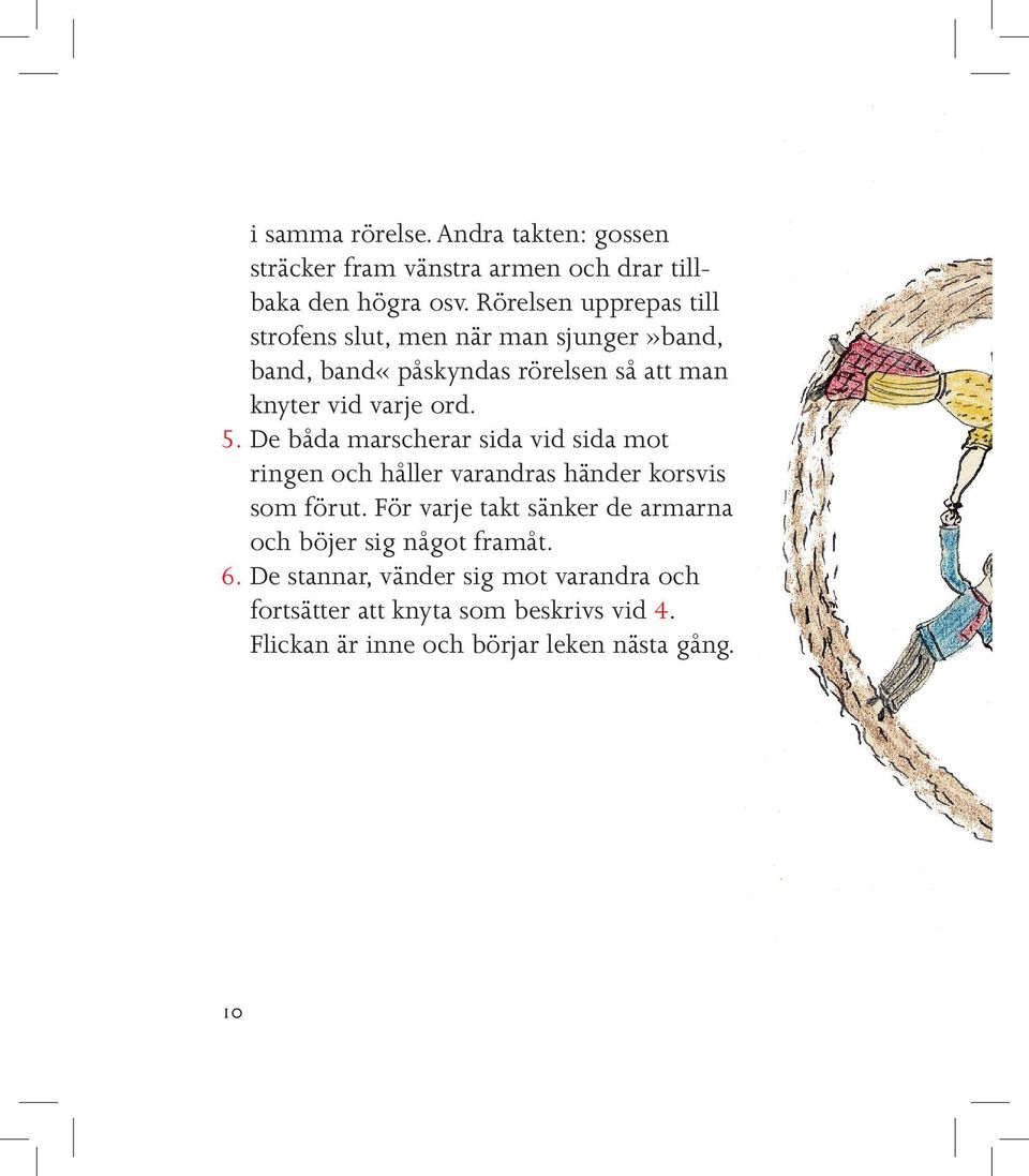 5. De båda marscherar sida vid sida mot ringen och håller varandras händer korsvis som förut.