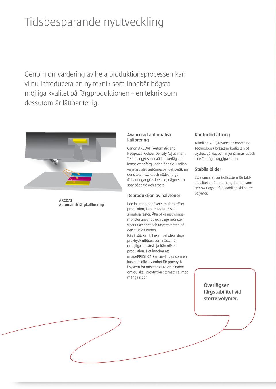 ARCDAT Automatisk färgkalibrering Avancerad automatisk kalibrering Canon ARCDAT (Automatic and Reciprocal Colour Density Adjustment Technology) säkerställer överlägsen konsekvent färg under lång tid.