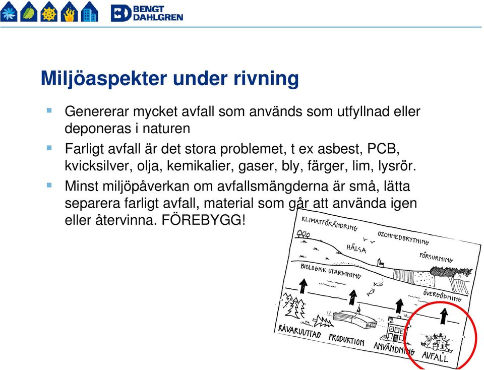 olja, kemikalier, gaser, bly, färger, lim, lysrör.