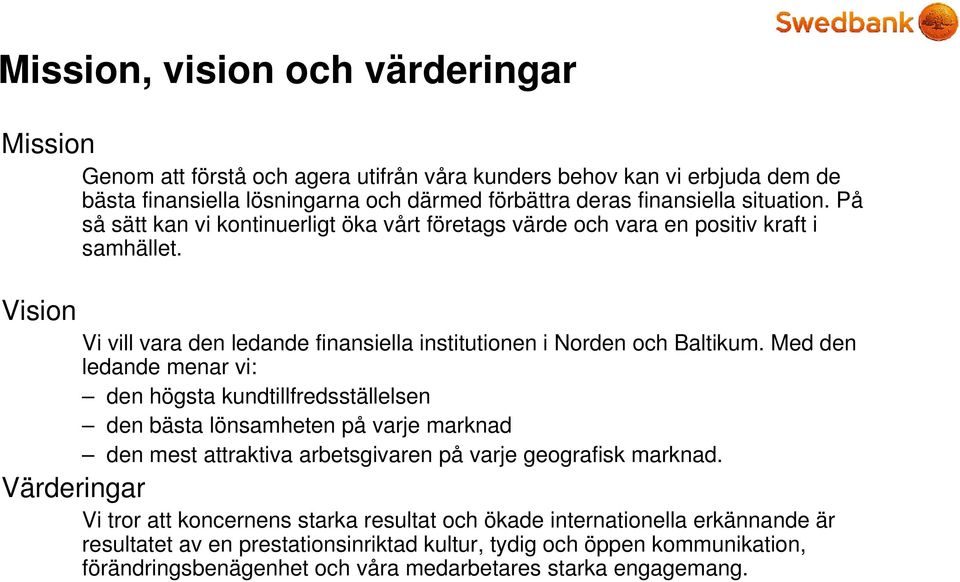 Med den ledande menar vi: den högsta kundtillfredsställelsen den bästa lönsamheten på varje marknad den mest attraktiva arbetsgivaren på varje geografisk marknad.