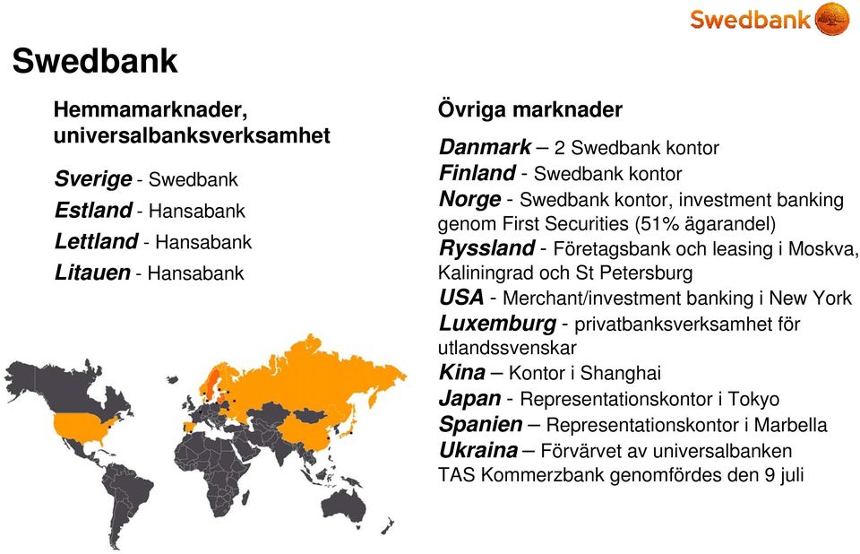 leasing i Moskva, Kaliningrad och St Petersburg USA - Merchant/investment banking i New York Luxemburg - privatbanksverksamhet för utlandssvenskar Kina Kontor