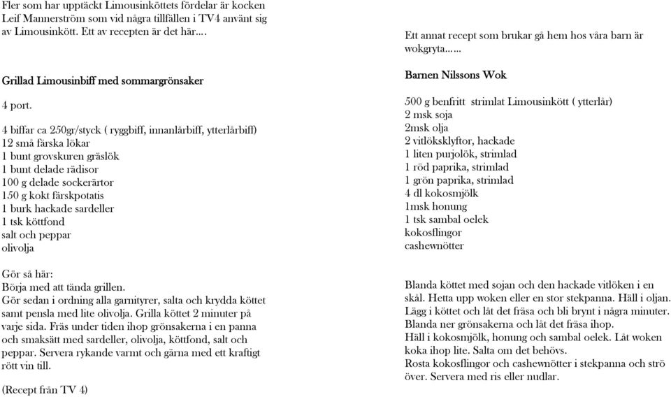 4 biffar ca 250gr/styck ( ryggbiff, innanlårbiff, ytterlårbiff) 12 små färska lökar 1 bunt grovskuren gräslök 1 bunt delade rädisor 100 g delade sockerärtor 150 g kokt färskpotatis 1 burk hackade