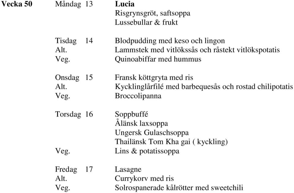 ris Kycklinglårfilé med barbequesås och rostad chilipotatis Broccolipanna Soppbuffé Ålänsk laxsoppa Ungersk