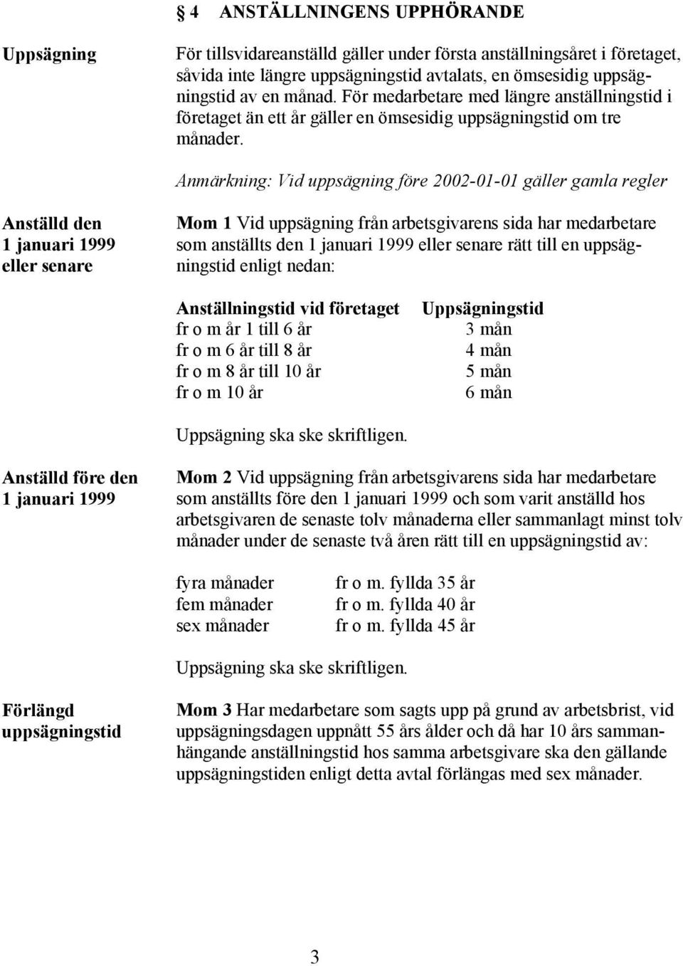 Anmärkning: Vid uppsägning före 2002-01-01 gäller gamla regler Anställd den 1 januari 1999 eller senare Mom 1 Vid uppsägning från arbetsgivarens sida har medarbetare som anställts den 1 januari 1999