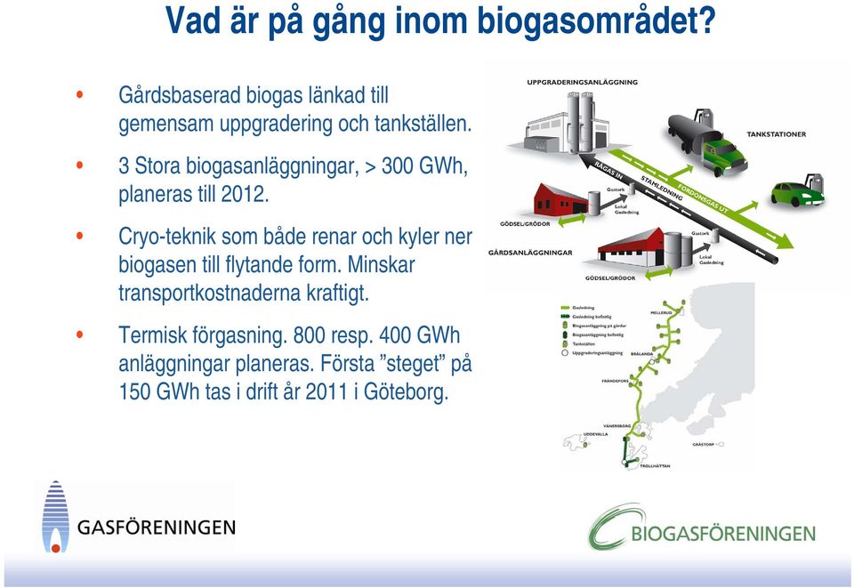 3 Stora biogasanläggningar, > 300 GWh, planeras till 2012.