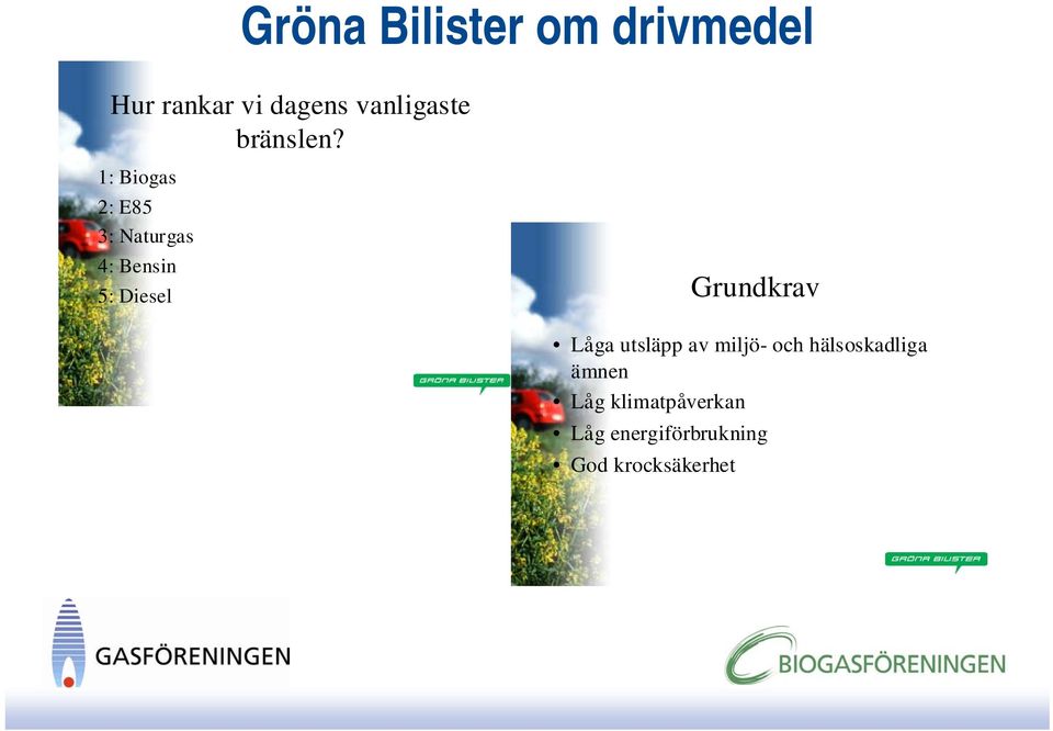 1: Biogas 2: E85 3: Naturgas 4: Bensin 5: Diesel Grundkrav