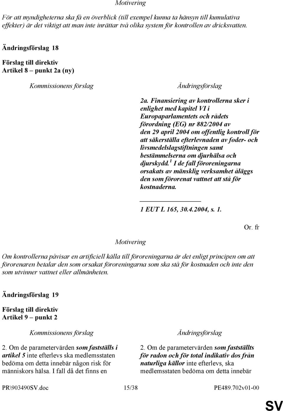 Finansiering av kontrollerna sker i enlighet med kapitel VI i Europaparlamentets och rådets förordning (EG) nr 882/2004 av den 29 april 2004 om offentlig kontroll för att säkerställa efterlevnaden av