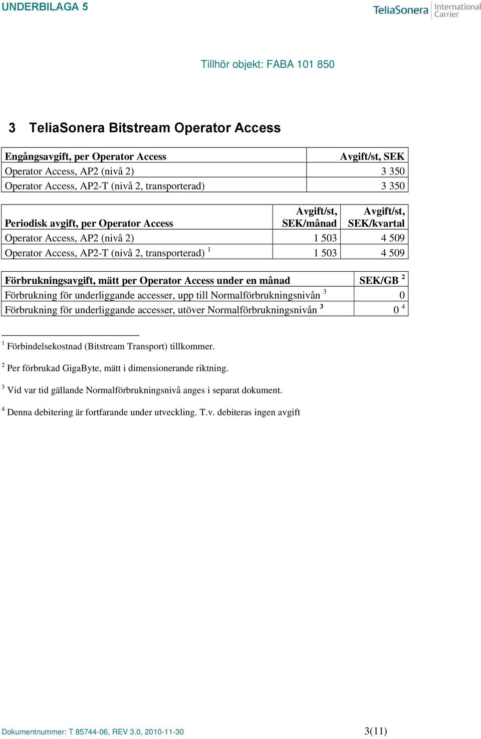 Förbrukning för underliggande accesser, upp till Normalförbrukningsnivån 3 0 Förbrukning för underliggande accesser, utöver Normalförbrukningsnivån 3 0 4 1 Förbindelsekostnad (Bitstream Transport)