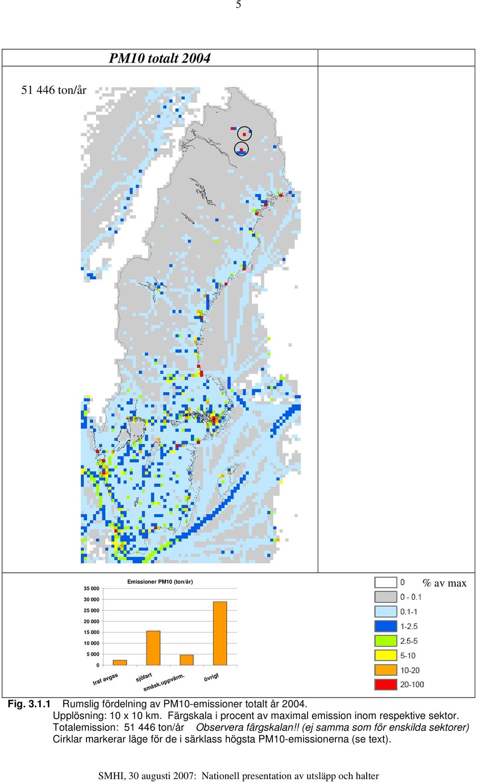 Upplösning: 10 x 10 km. Färgskala i procent av maximal emission inom respektive sektor.