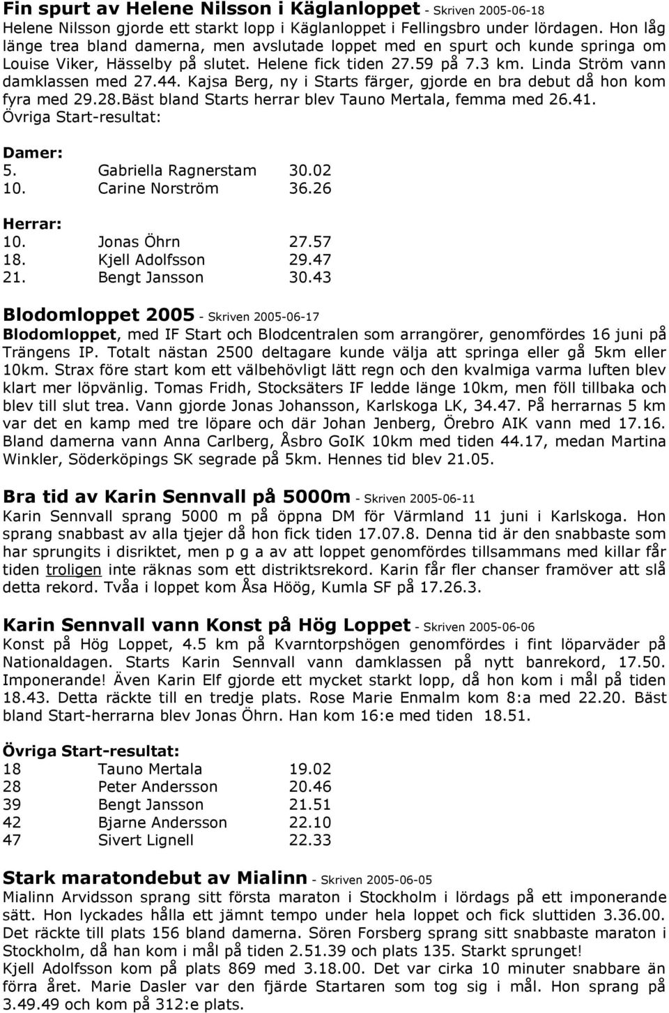 Kajsa Berg, ny i Starts färger, gjorde en bra debut då hon kom fyra med 29.28.Bäst bland Starts herrar blev Tauno Mertala, femma med 26.41. Övriga Start-resultat: Damer: 5. Gabriella Ragnerstam 30.