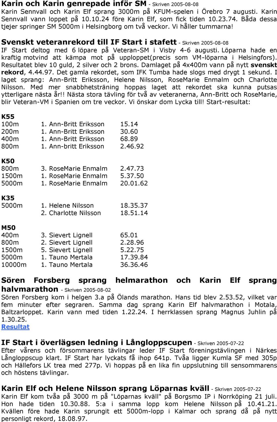 Svenskt veteranrekord till IF Start i stafett - Skriven 2005-08-08 IF Start deltog med 6 löpare på Veteran-SM i Visby 4-6 augusti.