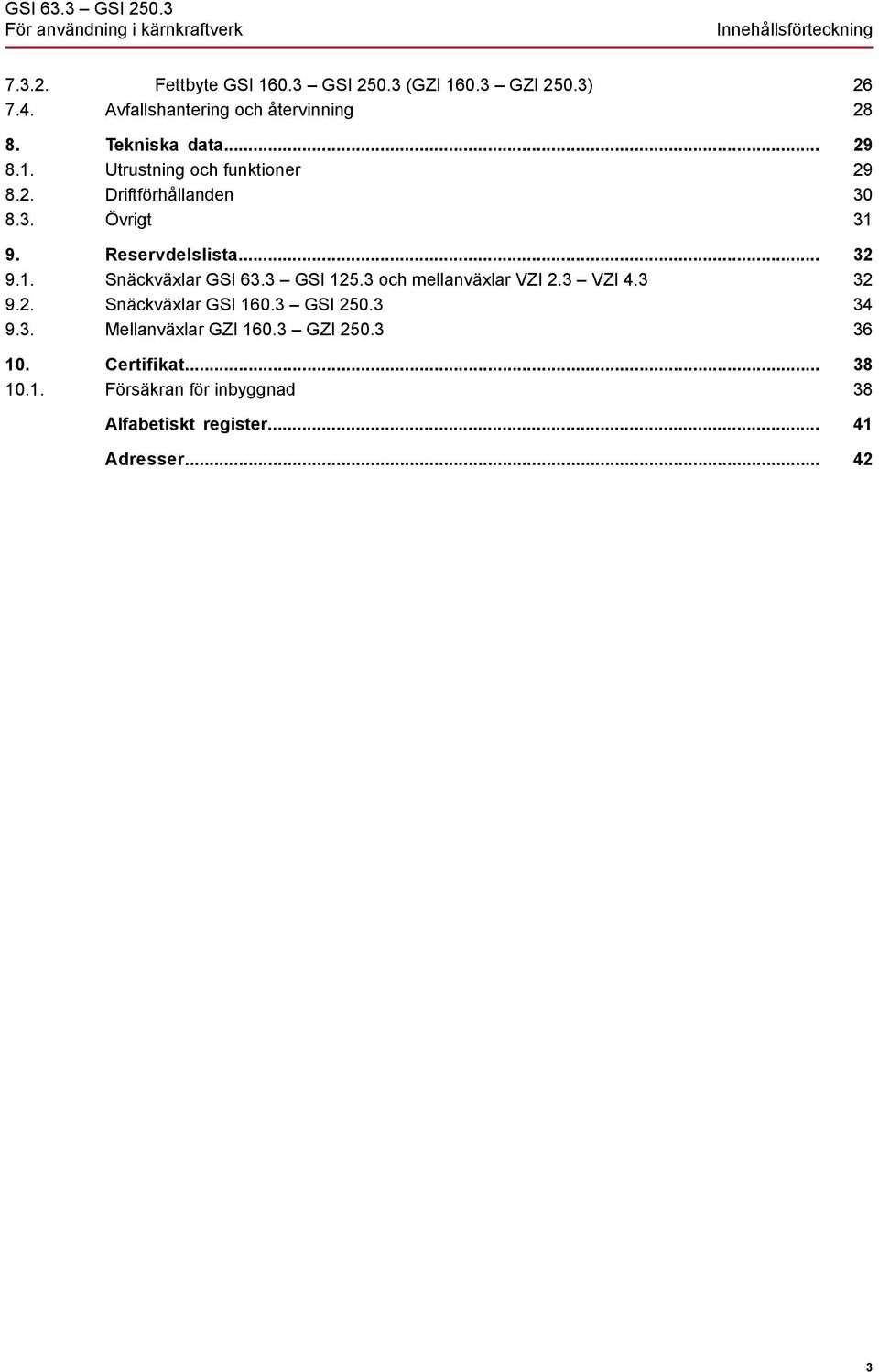 Reservdelslista... 9.1. Snäckväxlar GSI 63.3 GSI 125.3 och mellanväxlar VZI 2.3 VZI 4.3 9.2. Snäckväxlar GSI 160.3 GSI 250.3 9.3. Mellanväxlar GZI 160.