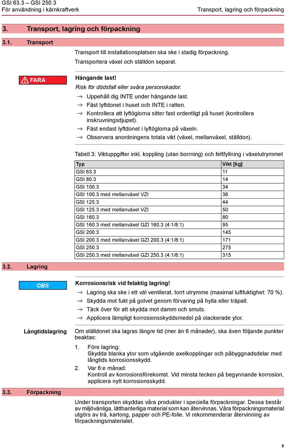 Kontrollera att lyftöglorna sitter fast ordentligt på huset (kontrollera inskruvningsdjupet). Fäst endast lyftdonet i lyftöglorna på växeln.