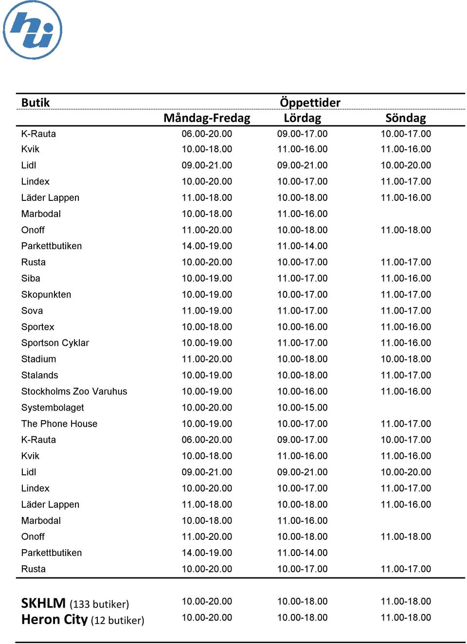 00-19.00 11.00-17.00 11.00-16.00 Skopunkten 10.00-19.00 10.00-17.00 11.00-17.00 Sova 11.00-19.00 11.00-17.00 11.00-17.00 Sportex 10.00-18.00 10.00-16.00 11.00-16.00 Sportson Cyklar 10.00-19.00 11.00-17.00 11.00-16.00 Stadium 11.