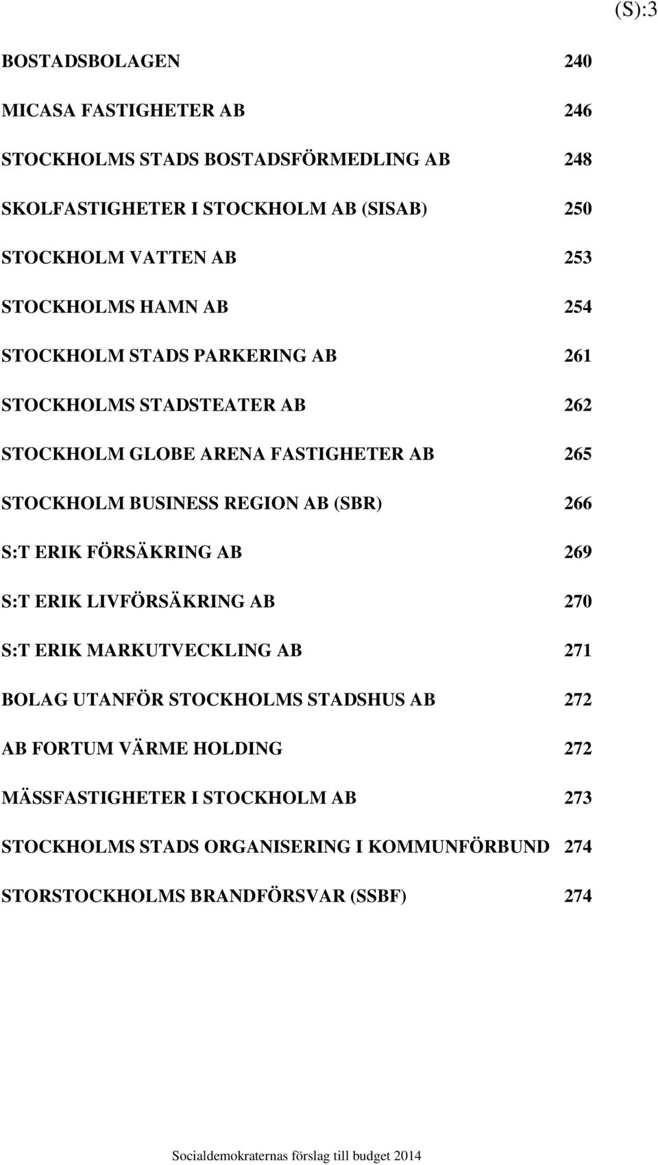 BUSINESS REGION AB (SBR) 266 S:T ERIK FÖRSÄKRING AB 269 S:T ERIK LIVFÖRSÄKRING AB 270 S:T ERIK MARKUTVECKLING AB 271 BOLAG UTANFÖR STOCKHOLMS STADSHUS