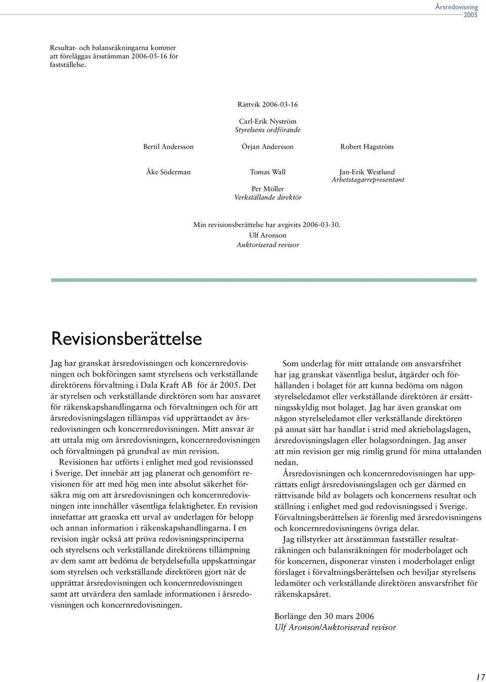 direktör Min revisionsberättelse har avgivits 2006-03-30.