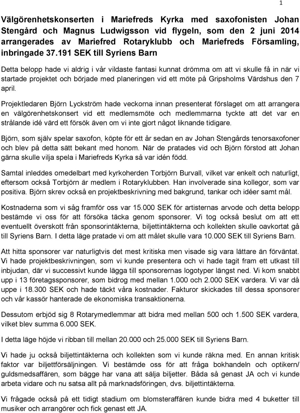 191 SEK till Syriens Barn Detta belopp hade vi aldrig i vår vildaste fantasi kunnat drömma om att vi skulle få in när vi startade projektet och började med planeringen vid ett möte på Gripsholms