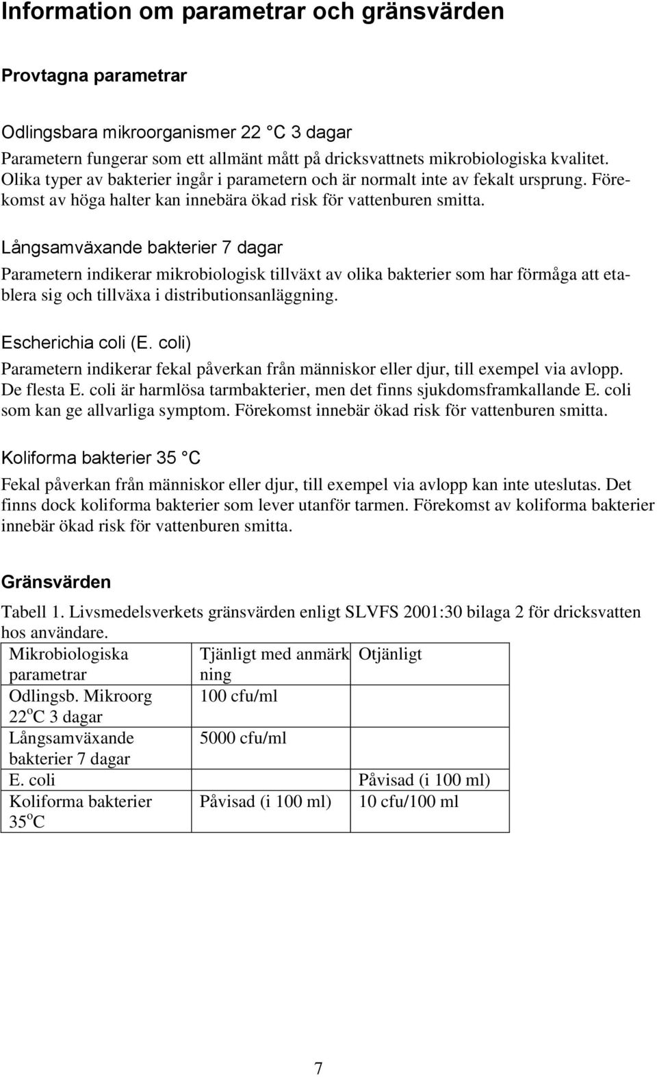 Långsamväxande bakterier 7 dagar Parametern indikerar mikrobiologisk tillväxt av olika bakterier som har förmåga att etablera sig och tillväxa i distributionsanläggning. Escherichia coli (E.