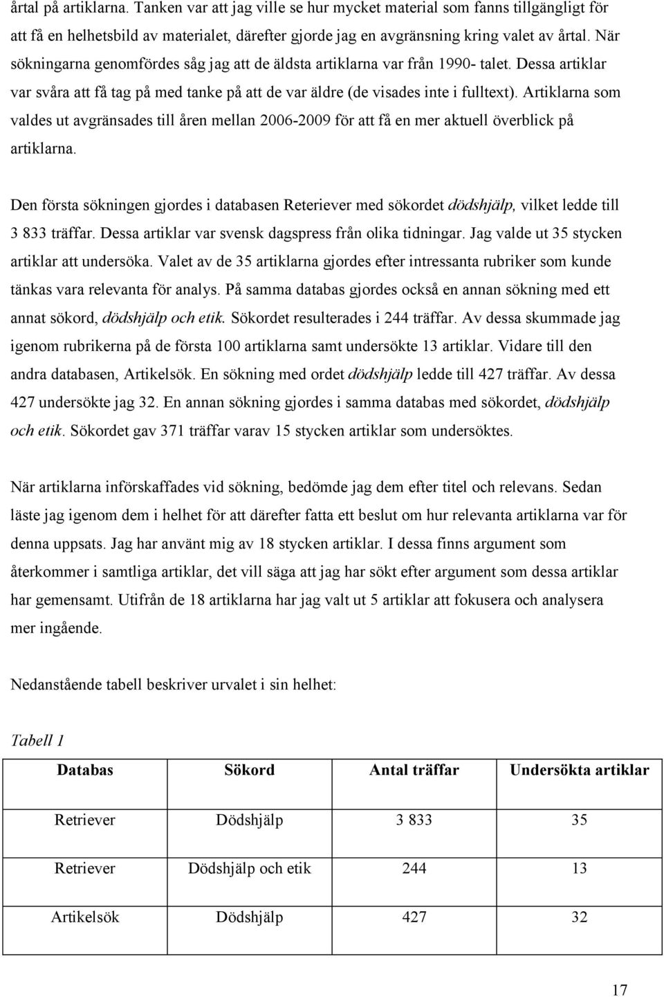 Artiklarna som valdes ut avgränsades till åren mellan 2006-2009 för att få en mer aktuell överblick på artiklarna.