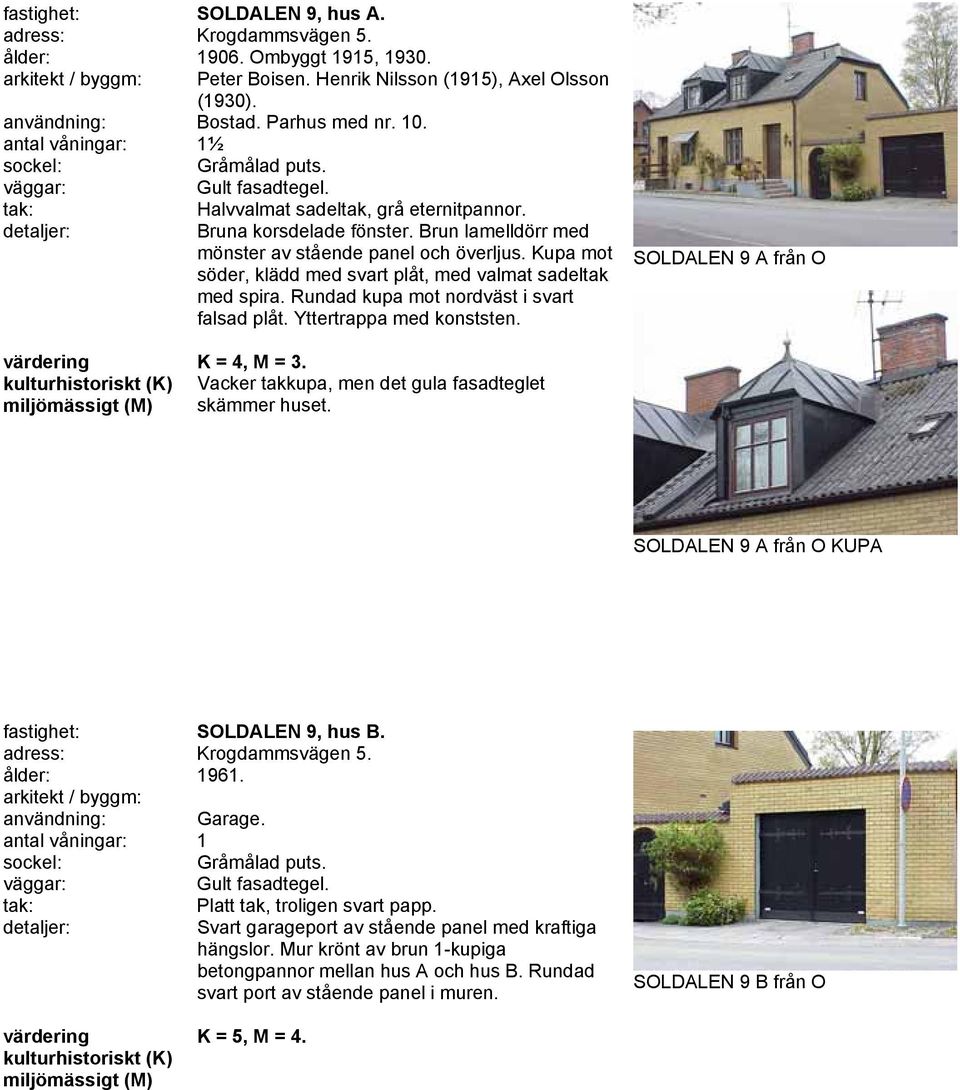 Kupa mot söder, klädd med svart plåt, med valmat sadeltak med spira. Rundad kupa mot nordväst i svart falsad plåt. Yttertrappa med konststen. SOLDALEN 9 A från O K = 4, M = 3.