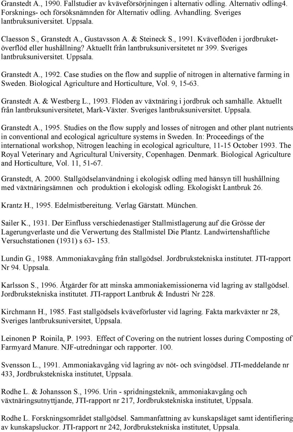 Granstedt A., 1992. Case studies on the flow and supplie of nitrogen in alternative farming in Sweden. Biological Agriculture and Horticulture, Vol. 9, 15-63. Granstedt A. & Westberg L., 1993.