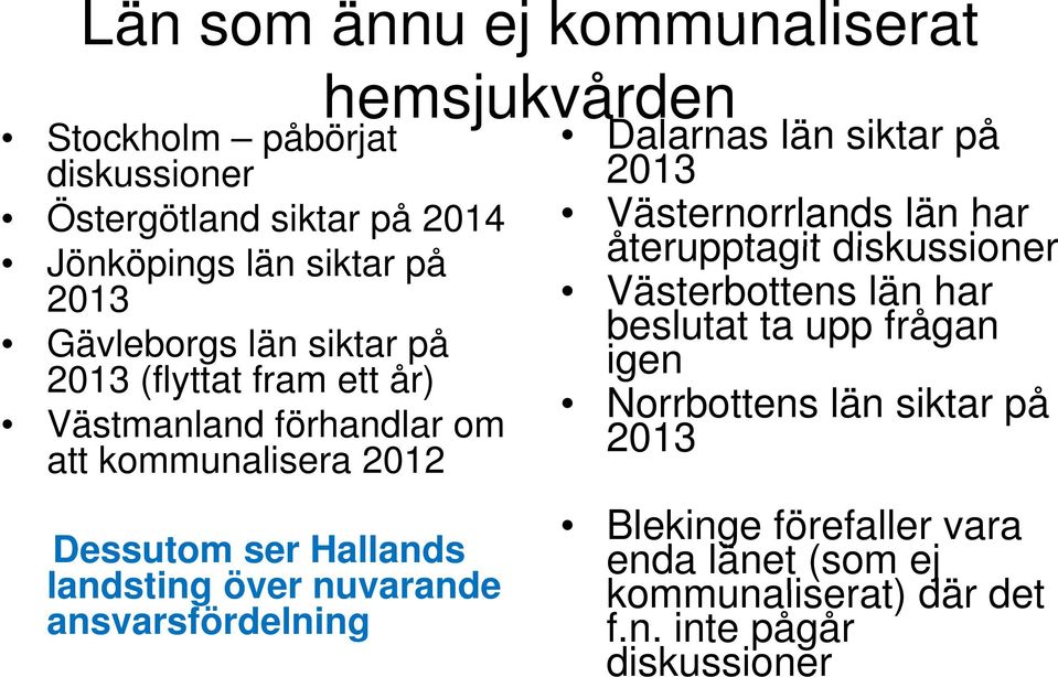 upp frågan igen 2013 (flyttat fram ett år) Norrbottens län siktar på Västmanland förhandlar om 2013 att kommunalisera 2012 Dessutom ser