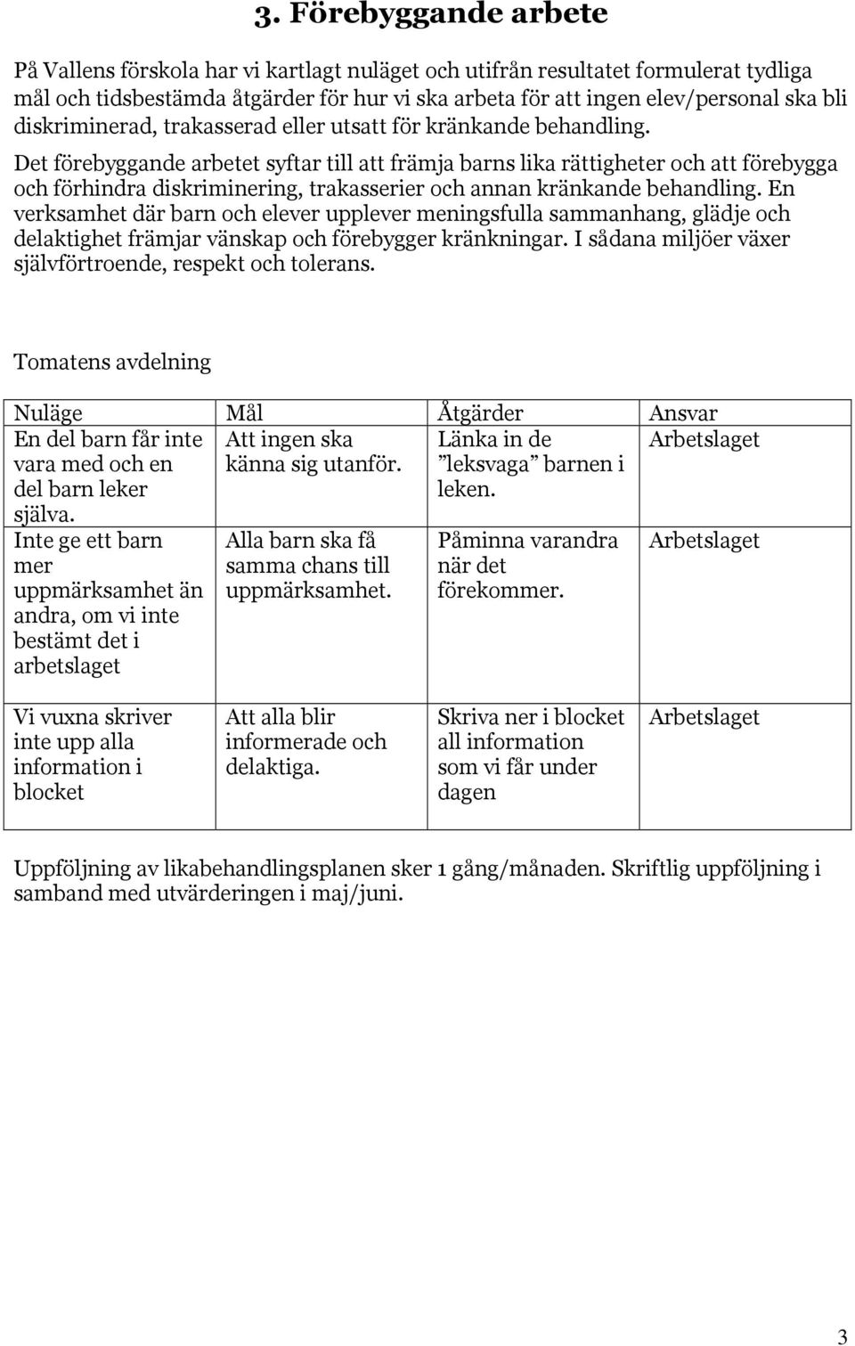 Det förebyggande arbetet syftar till att främja barns lika rättigheter och att förebygga och förhindra diskriminering, trakasserier och annan kränkande behandling.