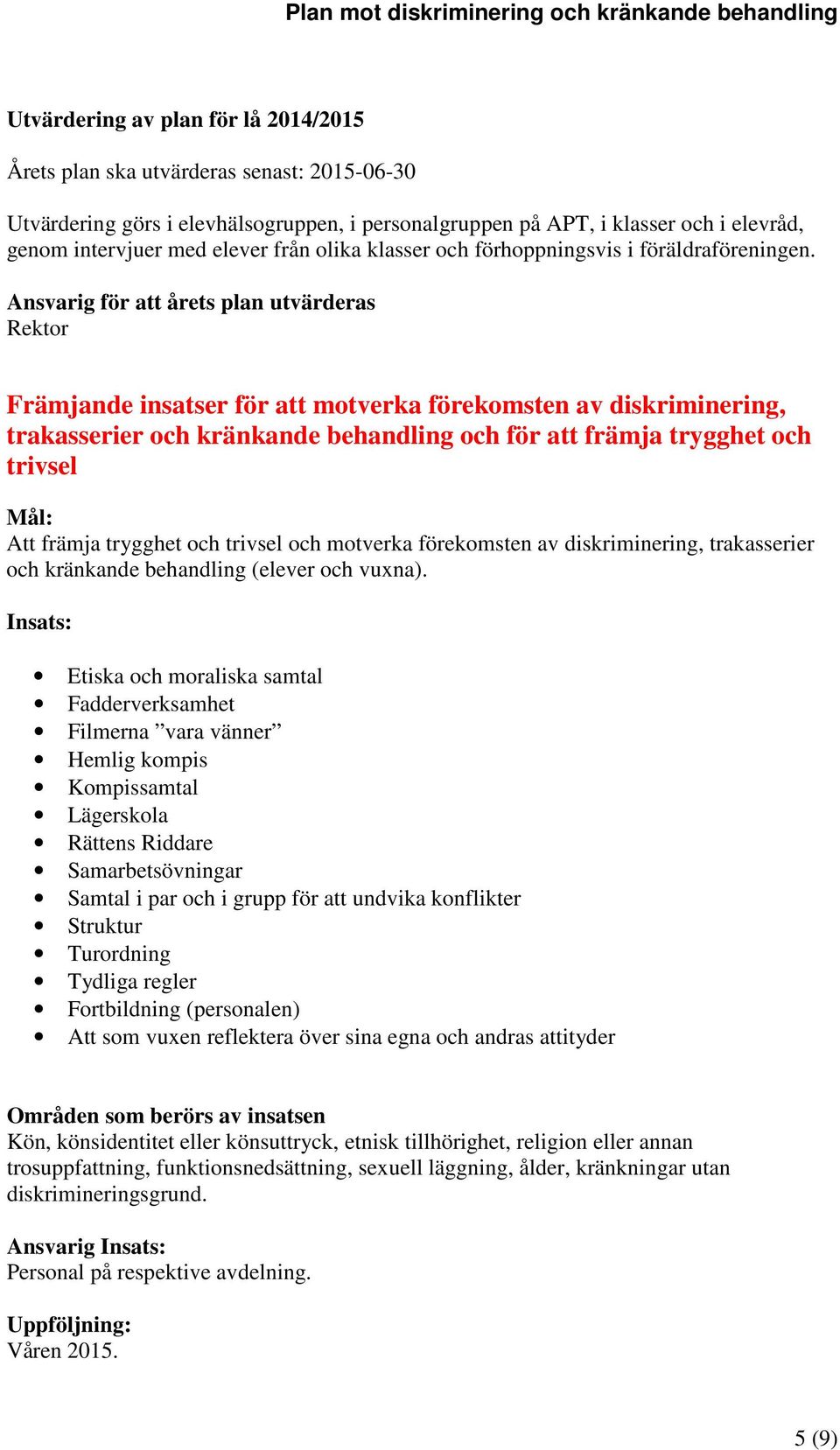 Ansvarig för att årets plan utvärderas Rektor Främjande insatser för att motverka förekomsten av diskriminering, trakasserier och kränkande behandling och för att främja trygghet och trivsel Mål: Att
