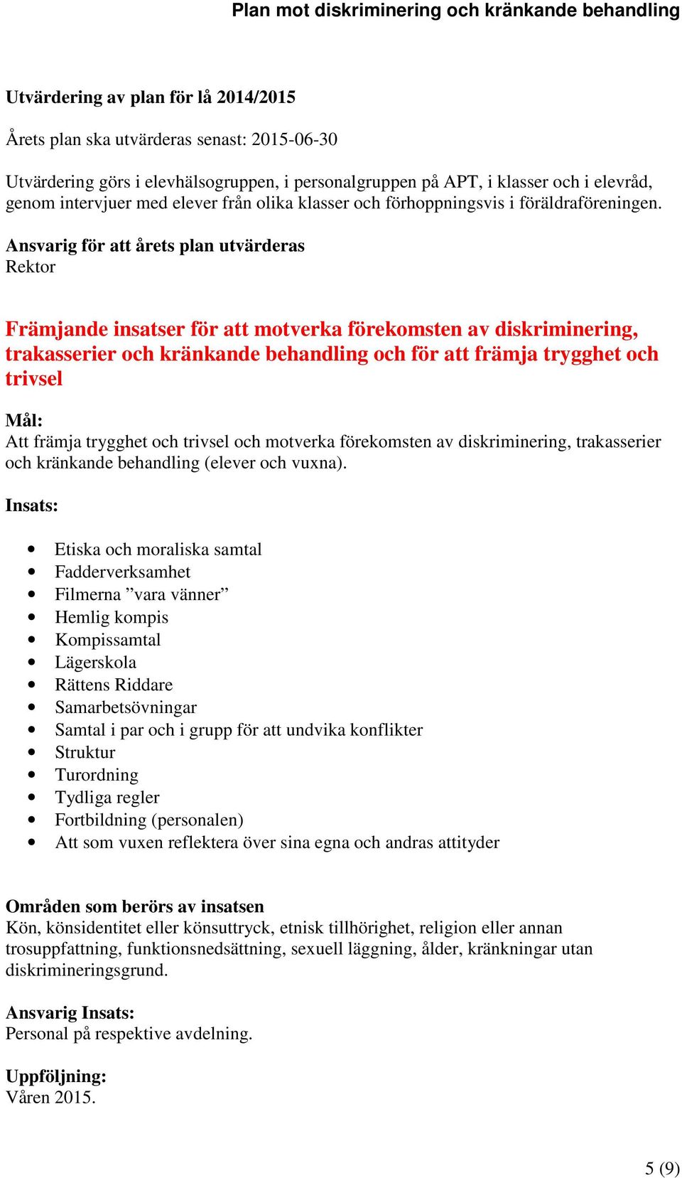 Ansvarig för att årets plan utvärderas Rektor Främjande insatser för att motverka förekomsten av diskriminering, trakasserier och kränkande behandling och för att främja trygghet och trivsel Mål: Att