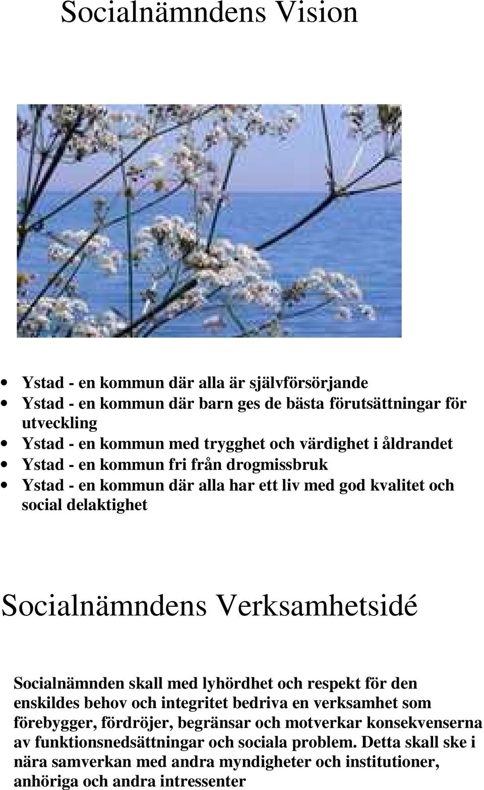 Socialnämndens Verksamhetsidé Socialnämnden skall med lyhördhet och respekt för den enskildes behov och integritet bedriva en verksamhet som förebygger, fördröjer,