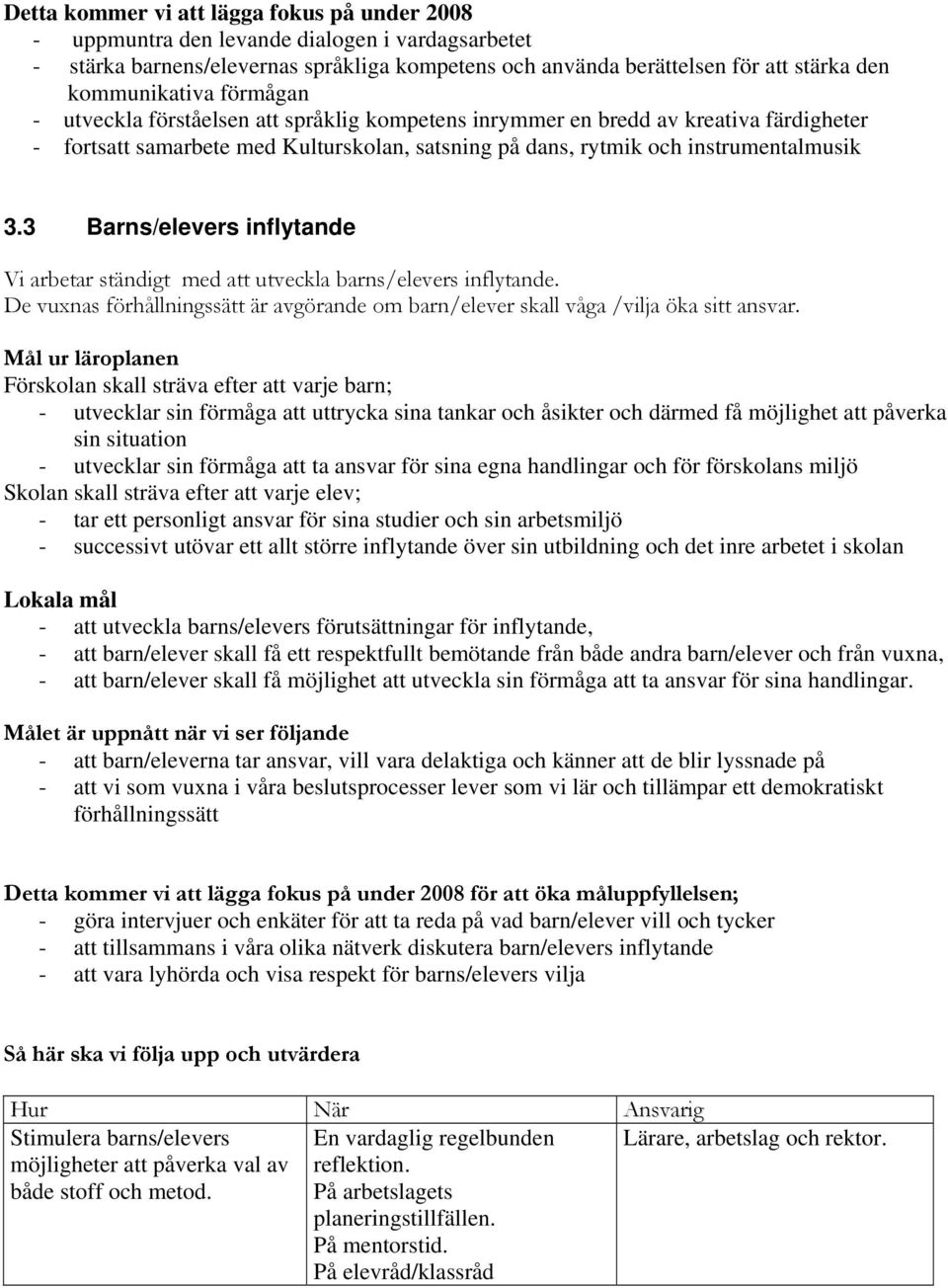 3 Barns/elevers inflytande Vi arbetar ständigt med att utveckla barns/elevers inflytande. De vuxnas förhållningssätt är avgörande om barn/elever skall våga /vilja öka sitt ansvar.