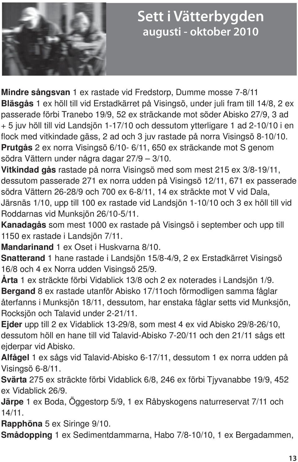 rastade på norra Visingsö 8-10/10. Prutgås 2 ex norra Visingsö 6/10-6/11, 650 ex sträckande mot S genom södra Vättern under några dagar 27/9 3/10.