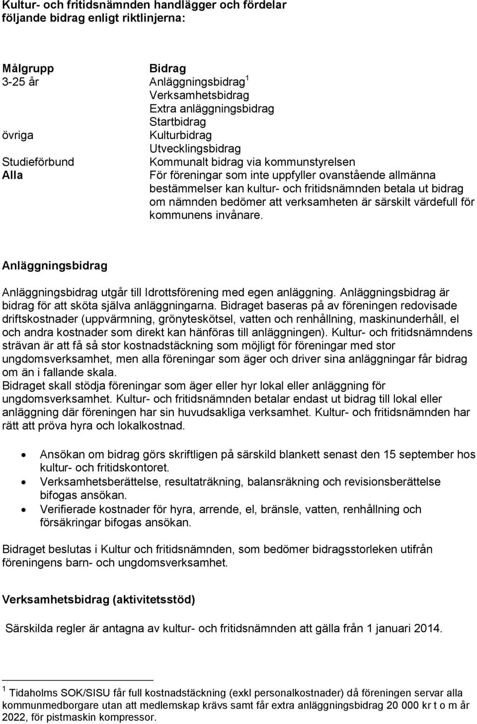 nämnden bedömer att verksamheten är särskilt värdefull för kommunens invånare. Anläggningsbidrag Anläggningsbidrag utgår till Idrottsförening med egen anläggning.