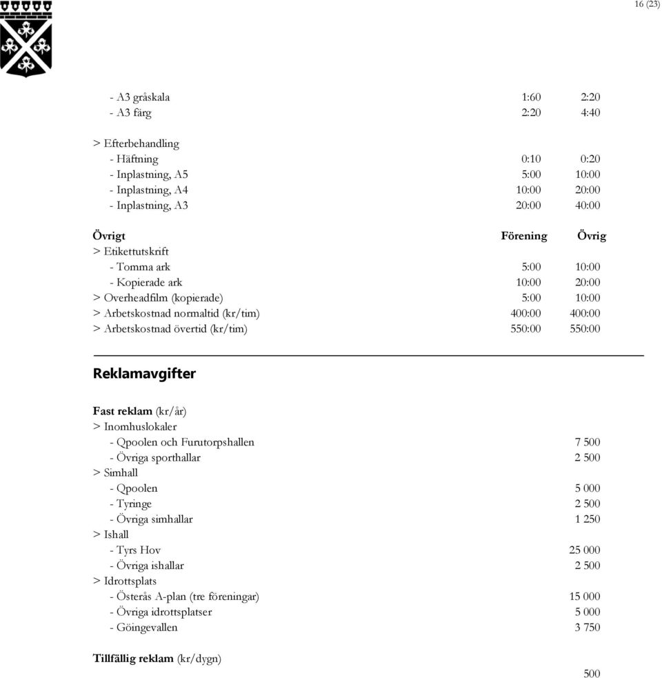 övertid (kr/tim) 550:00 550:00 Reklamavgifter Fast reklam (kr/år) > Inomhuslokaler - Qpoolen och Furutorpshallen 7 500 - Övriga sporthallar 2 500 > Simhall - Qpoolen 5 000 - Tyringe 2 500 -