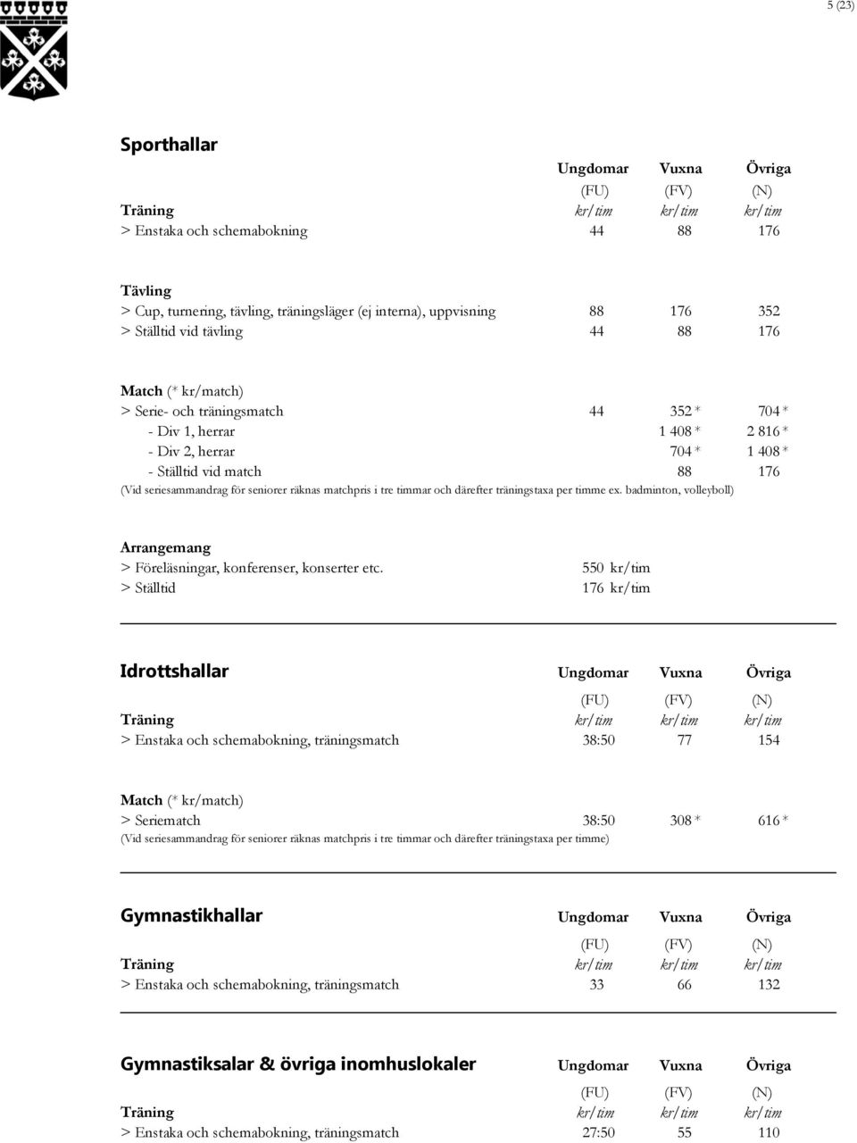 matchpris i tre timmar och därefter träningstaxa per timme ex. badminton, volleyboll) Arrangemang > Föreläsningar, konferenser, konserter etc.