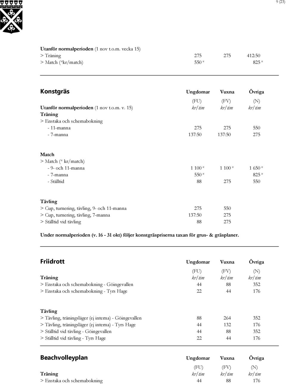 15) kr/tim kr/tim kr/tim Träning > Enstaka och schemabokning - 11-manna 275 275 550-7-manna 137:50 137:50 275 Match > Match (* kr/match) - 9- och 11-manna 1 100 * 1 100 * 1 650 * - 7-manna 550 * 825