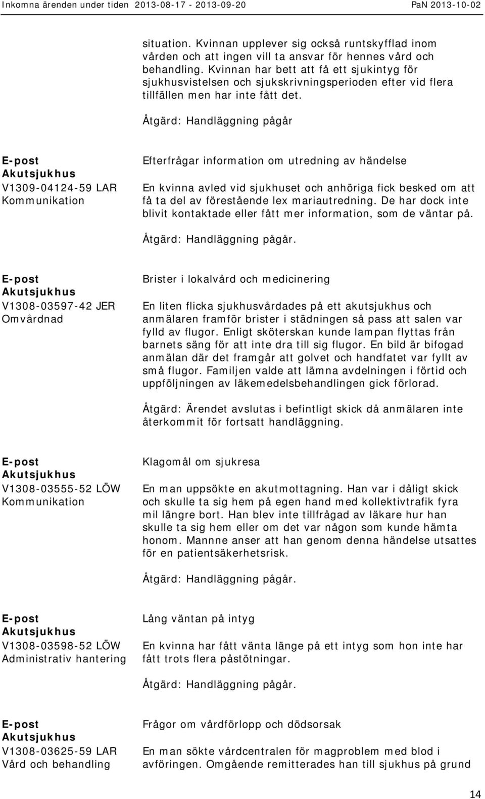 Åtgärd: Handläggning pågår V1309-04124-59 LAR Efterfrågar information om utredning av händelse En kvinna avled vid sjukhuset och anhöriga fick besked om att få ta del av förestående lex