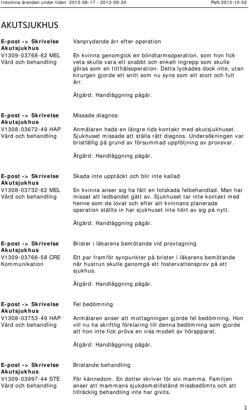 -> V1308-03672-49 HAP Missade diagnos Anmälaren hade en längre tids kontakt med akutsjukhuset. Sjukhuset missade att ställa rätt diagnos.