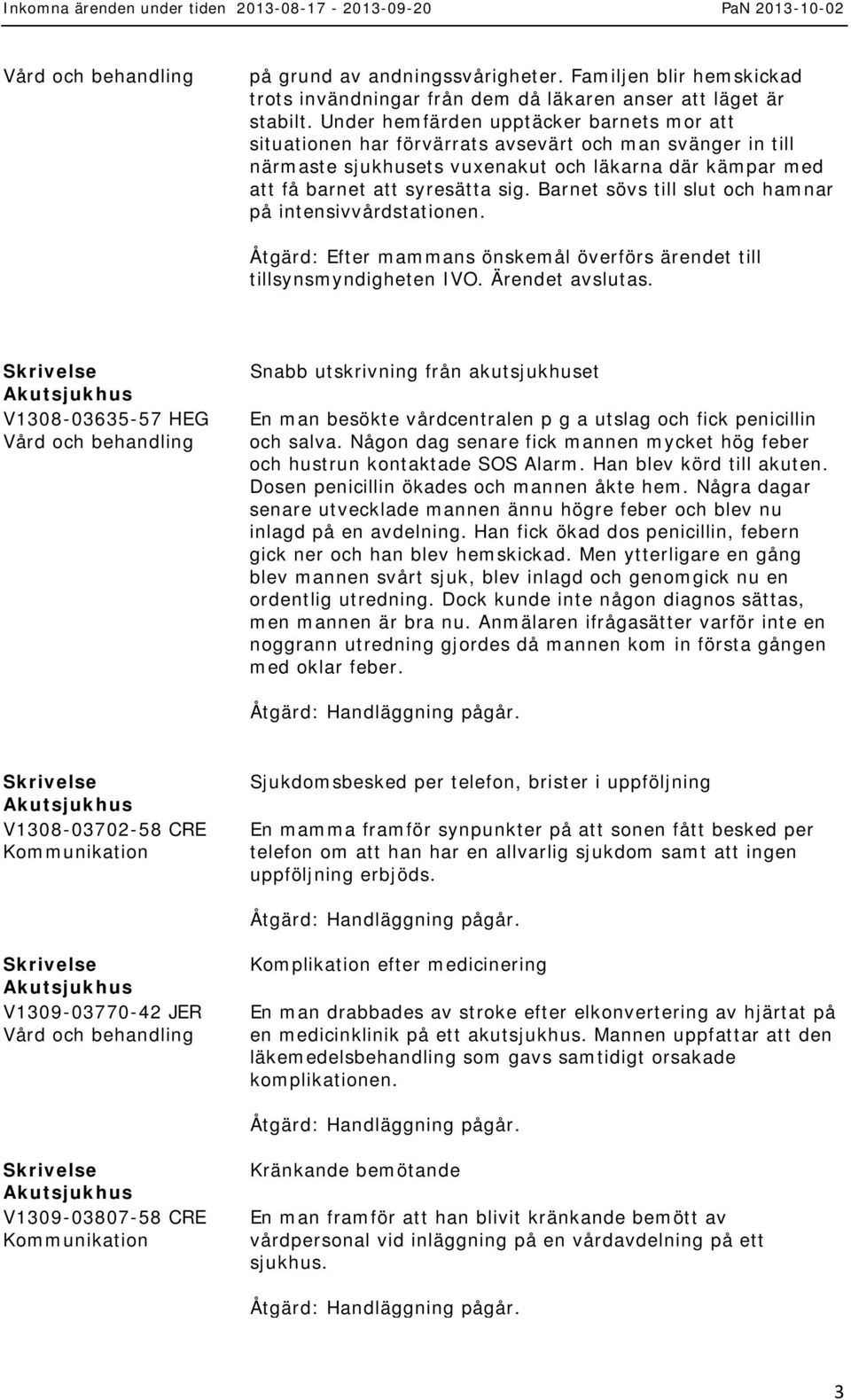 Barnet sövs till slut och hamnar på intensivvårdstationen. Åtgärd: Efter mammans önskemål överförs ärendet till tillsynsmyndigheten IVO. Ärendet avslutas.