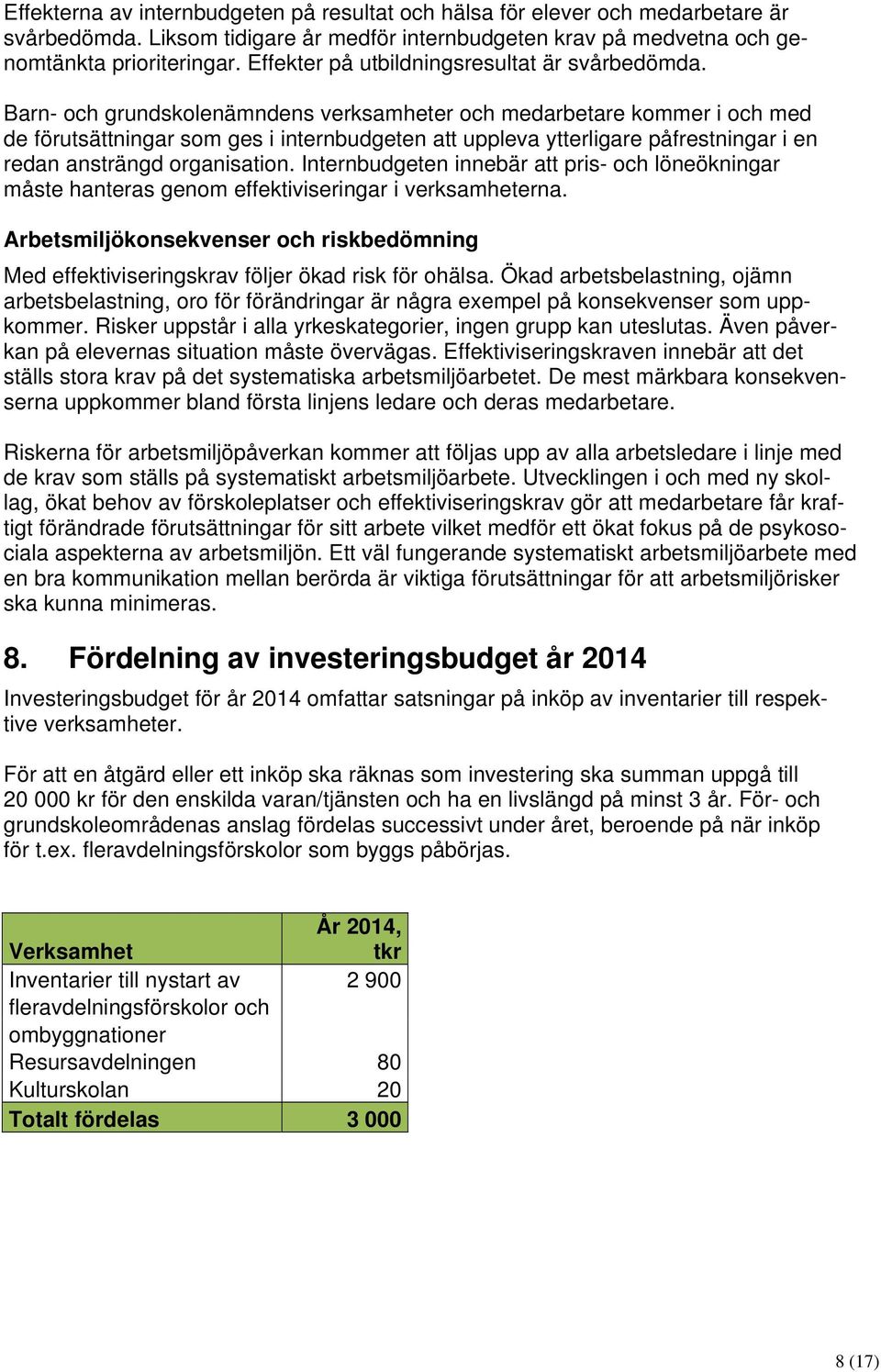 Barn- och grundskolenämndens verksamheter och medarbetare kommer i och med de förutsättningar som ges i internbudgeten att uppleva ytterligare påfrestningar i en redan ansträngd organisation.