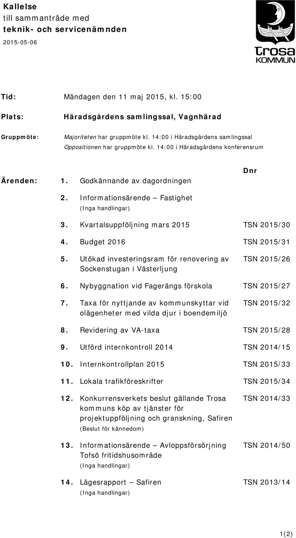 Kvartalsuppföljning mars 2015 TSN 2015/30 4. Budget 2016 TSN 2015/31 5. Utökad investeringsram för renovering av TSN 2015/26 Sockenstugan i Västerljung 6.