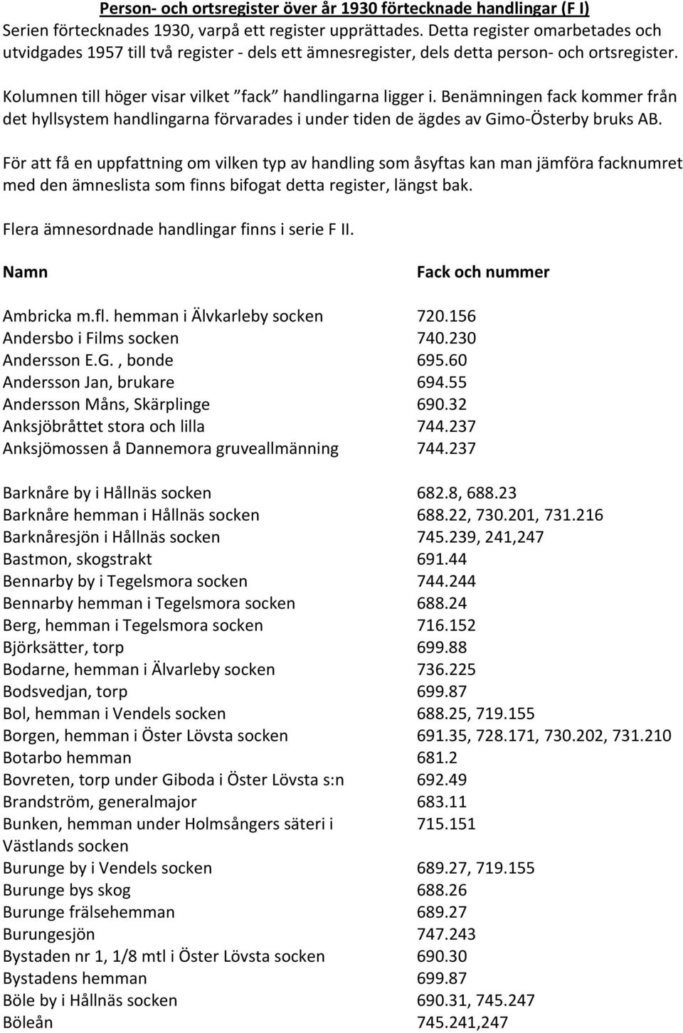 Benämningen fack kommer från det hyllsystem handlingarna förvarades i under tiden de ägdes av Gimo Österby bruks AB.