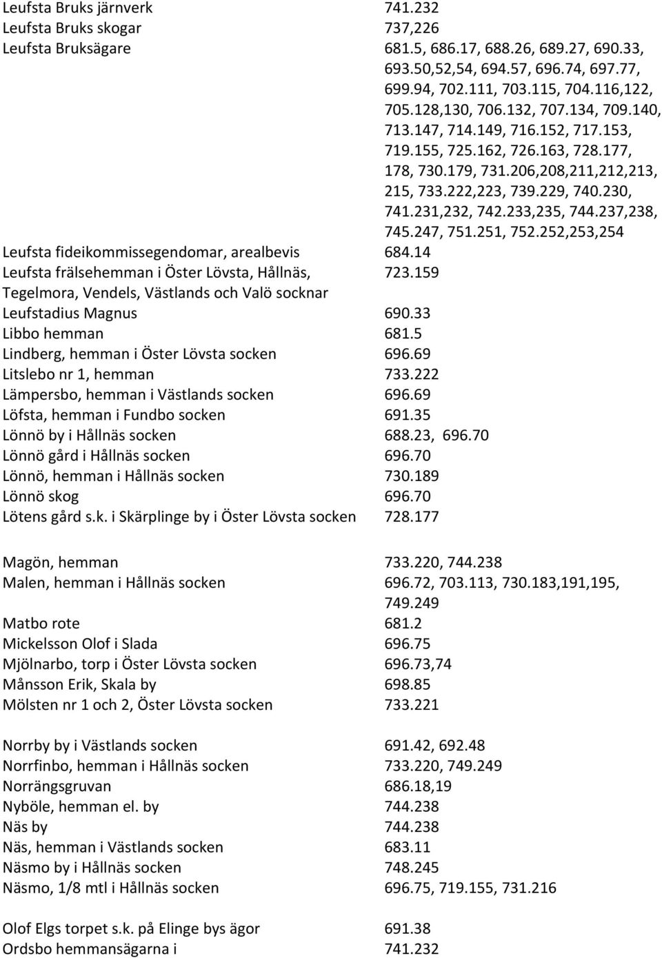 233,235, 744.237,238, 745.247, 751.251, 752.252,253,254 Leufsta fideikommissegendomar, arealbevis 684.14 Leufsta frälsehemman i Öster Lövsta, Hållnäs, 723.