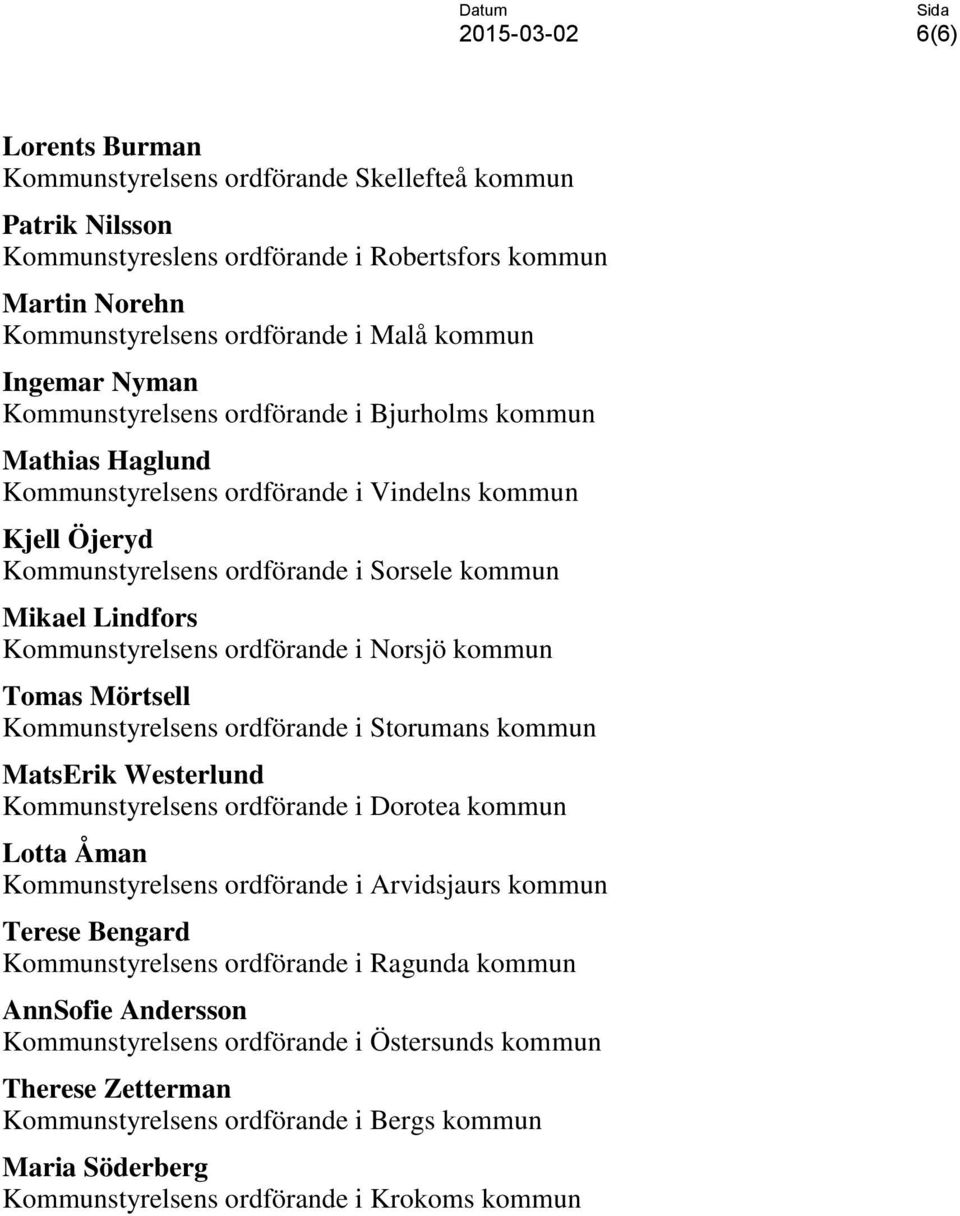 ordförande i Norsjö kommun Tomas Mörtsell Kommunstyrelsens ordförande i Storumans kommun MatsErik Westerlund Kommunstyrelsens ordförande i Dorotea kommun Lotta Åman Kommunstyrelsens ordförande i